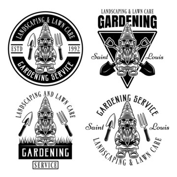 Gardening, landscaping and lawn care set of vector vintage emblems, badges, labels or logos with gnome statuette in monochrome style isolated on white background