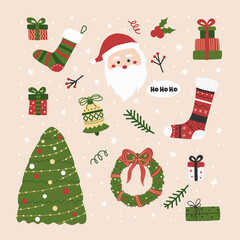 Christmas and New Year set. Vector illustration with christmas tree, santa, gifts and socks. Elements in green, red, and white colors. Colorful illustration for winter celebration.
