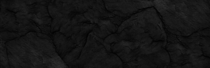 Naklejka premium Panorama dark gray stone background with copy space. Black grunge banner with rock texture.