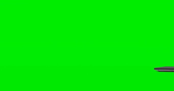 Laptop blank screen opening with the screen switching on - isolated on white. Green screen and alpha matte for laptop and screen included