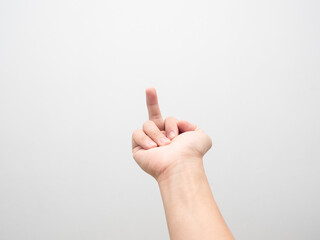 Man hand show middle finger on white background