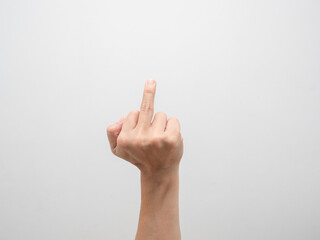 Man hand show middle finger on white background,Fuck finger - obrazy, fototapety, plakaty