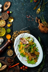 Vegetable salad with bacon and pumpkin. Healthy food. Top view. Rustic style.