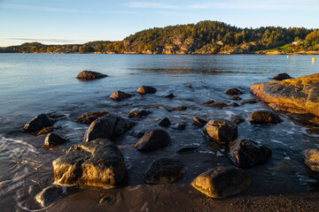 a stony hiking trail by the fjord near Tønsberg  Tønne in beautiful norway