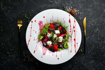 Vegetable salad with beets and feta cheese. Healthy food. Top view. Rustic style.