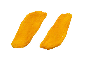 Dry tasty mango slices isolated on a white background.