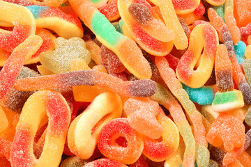 Assorted gummy candies. Top view. Jelly  sweets.