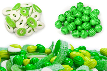 Assorted green gummy candies background. Top view. Jelly  sweets.