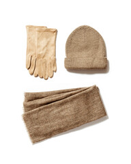 Autumn warm women clothing beige colored, knitted hat, woolen scarf and suede gloves