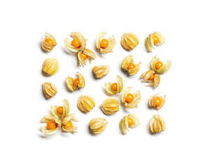 Collection of physalis berries or golden berry isolated on white background. Physalis fruit food