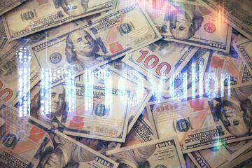 Double exposure of data theme drawing over us dollars bill background. Technology concept.