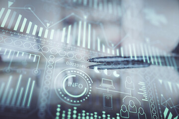 Double exposure of tech theme hologram over coffee cup background in office. Concept of technlogy