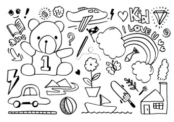 hand-drawn kids doodle set on white background.