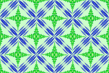 Seamless geometric ethnic fabric pattern, blue green floral pattern, Thai fabric design, carpet, wallpaper, curtain, cushion, clothing, wrap, batik, light green cream background fabric pattern