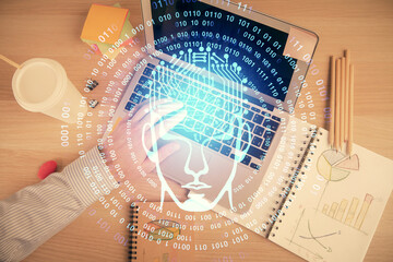 Double exposure of man's hands typing over computer keyboard and brain hologram drawing. Top view. Ai and data technology concept.