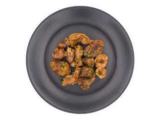 Cooked chicken livers, gizzards and hearts isolated on white background