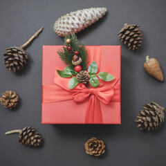 A red square gift box decorated with a coniferous twig lies among fir and pine cones on a dark background. Christmas composition