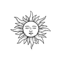 The Sun with face and closed eyes. Mystical heaven hand drawn illustration. Sketch style. Astrology and witchcraft symbol. Engrave vintage stylized. Vector drawing.