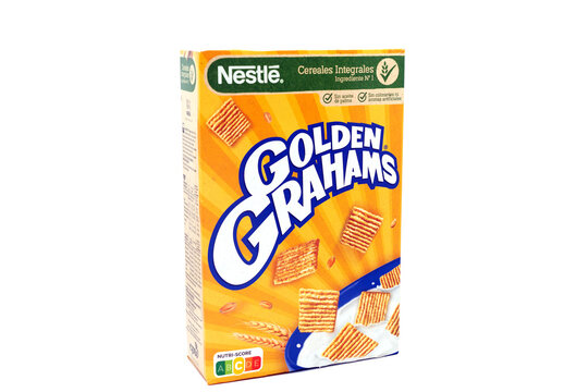 Barcelona, Spain, 17 October 2021: Box of Golden Grahams wheat cereal on white background