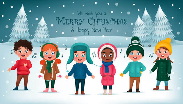 Сhildren singing Christmas carol song on snowy background. Merry Christmas and Happy New Year greeting card or banner. Cartoon vector illustration
