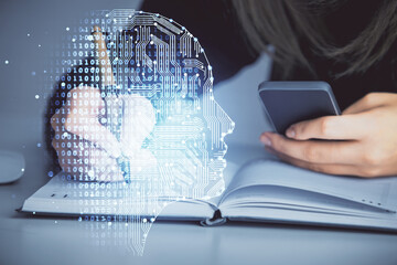 Multi exposure of woman hands working on computer and human brain hologram drawing. Ai tech concept.