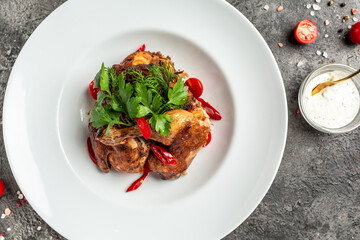 Delicious food grilled glazed chicken legs with tamarind sauce and with chili peppers and herbs, Ketogenic diet. top view. copy space for text