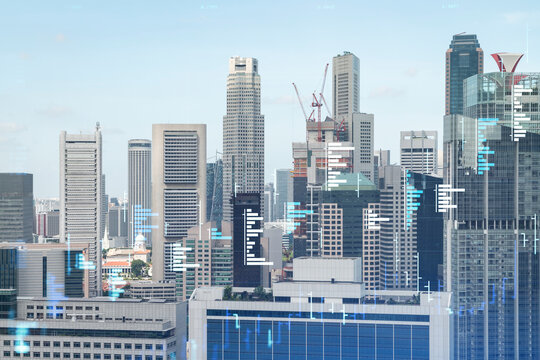 Financial stock chart hologram over panorama city view of Singapore, business center in Asia. The concept of international transactions. Double exposure.
