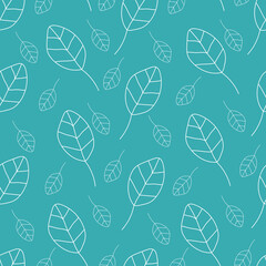 Abstract leaves seamless pattern. Outline of foliage on a blue background. Vector illustration of leaf fall. Modern design for fabric, packaging, online store.