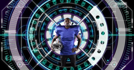 Animation of african american male rugby player over scope scanning on black background - Powered by Adobe