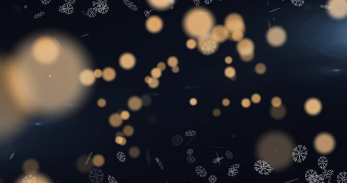 Animation of snowflakes and golden lights on black background