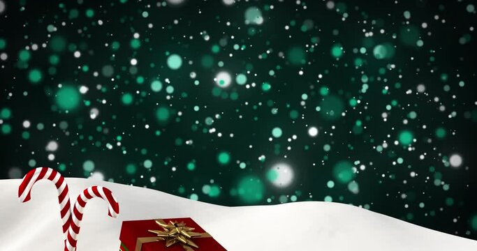 Animation of presents and christmas candies lying on snow with green lights falling in background