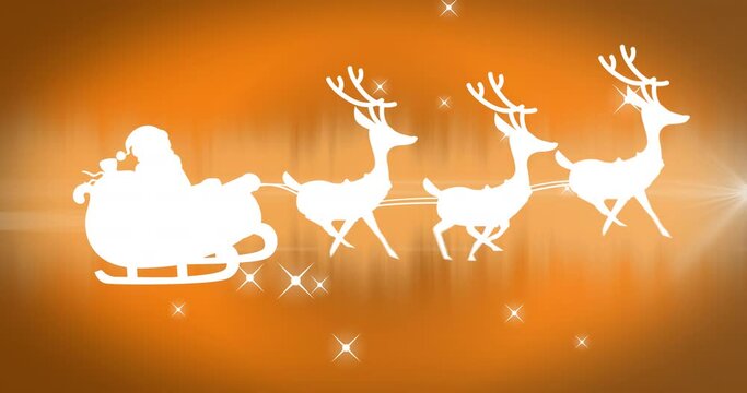 Animation of santa sleigh over stars on orange background