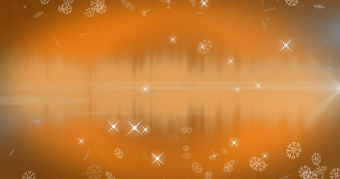 Animation of snowflakes and stars falling on orange background