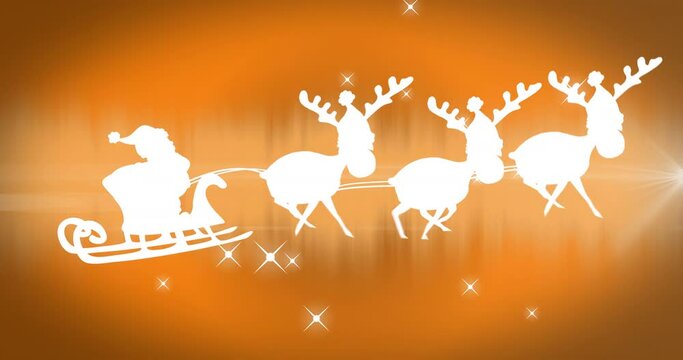 Animation of santa sleigh over stars on orange background