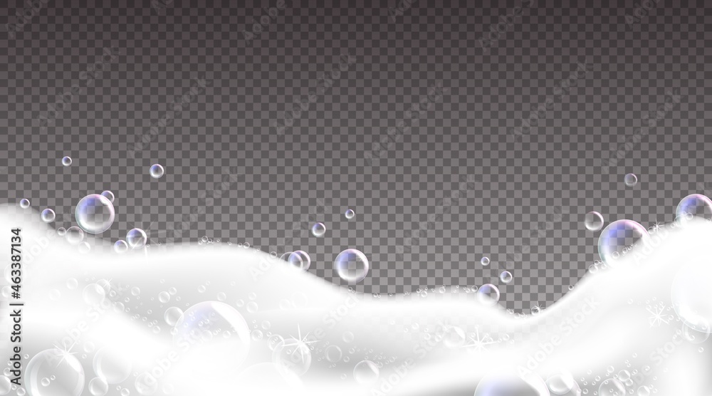 Poster shampoo foam border. realistic soap bubbles on transparent background. bathtub and laundry soapy wat