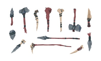 Prehistoric weapon. Cartoon fantasy game ancient fight inventory. Primitive axe and bow. Hunting knife. Spear with bone or rock tip. Barbarian wooden baton. Vector stone age tools set
