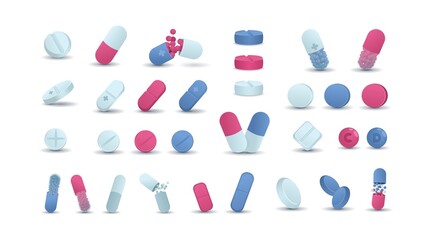 Pharmacy. Cartoon medicine drugs. Antibiotic and medical prescription pills. Round pharmacology cure chemistry. Tablets and capsules. Remedy treatment. Vector vitamins and painkillers set