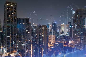 Fototapeta na wymiar FOREX graph hologram, aerial night panoramic cityscape of Bangkok, the developed location for stock market researchers in Southeast Asia. The concept of fundamental analysis. Double exposure.
