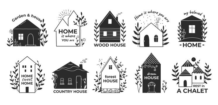 Home doodle logo. Hand drawn country wooden house with garden. Rental village chalet and town cottage. Cozy building and plants silhouette signs. Vector real estate drawing emblems