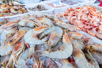 Fresh chilled seafood sold at the market. Fresh prawns. 