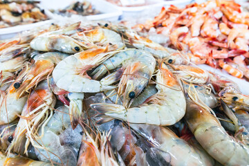 Fresh chilled seafood sold at the market. Fresh prawns. 