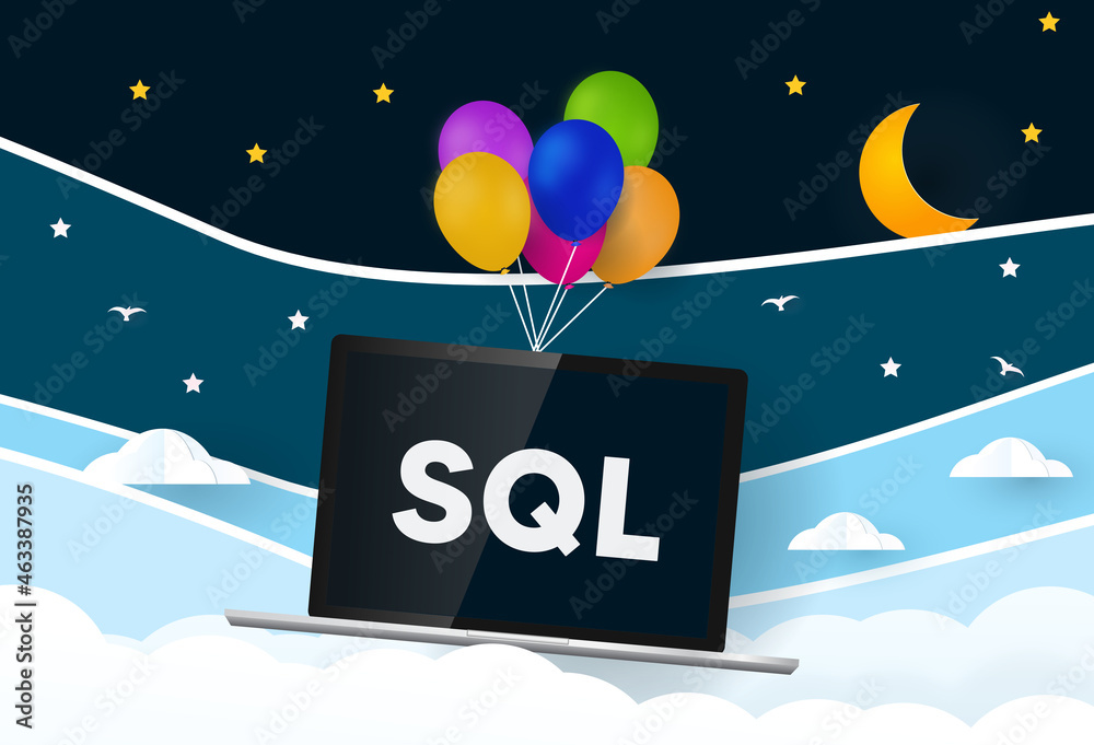 Poster sql programming language. balloons carries laptop with word sql