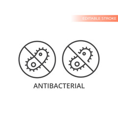 Antibacterial line vector sign. No bacterias outline icon, editable stroke.