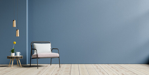 Living room with an armchair on empty dark blue wall background.