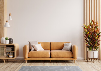 Interior living room wall mockup with leather sofa and decor on white background. - obrazy, fototapety, plakaty