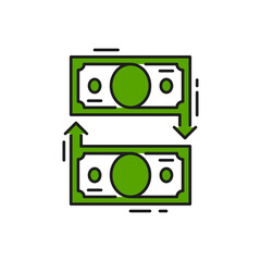 Exchange of money payments, financial operations isolated color line icon. Vector payments convert, cash refund, eur and usd change. Financial bills conversion, currency revenue, circular payment glow