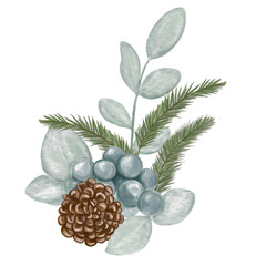 Christmas bouquet. Hand drawn watercolor Christmas and New Year bouquet illustration. Pinetree branches, cone and blueberries and blue leaves. Isolated on white backgound. Design for winter holidays.
