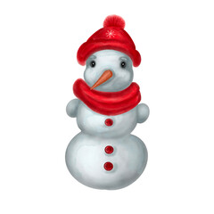 Watercolor snowman. Hand drawn watercolor snowman with winter red knitting scarf and hat. Merry Christmas and New Year illustration, isolated on white background. 