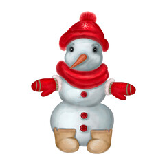 Watercolor snowman. Hand drawn watercolor snowman with winter boots, red knitting scarf, gloves and hat. Merry Christmas and New Year illustration, isolated on white background. 
