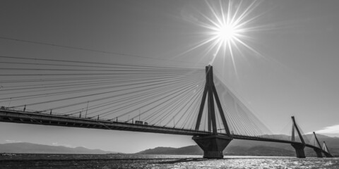 Black and white photo of a cable-stayed bridge in Patras